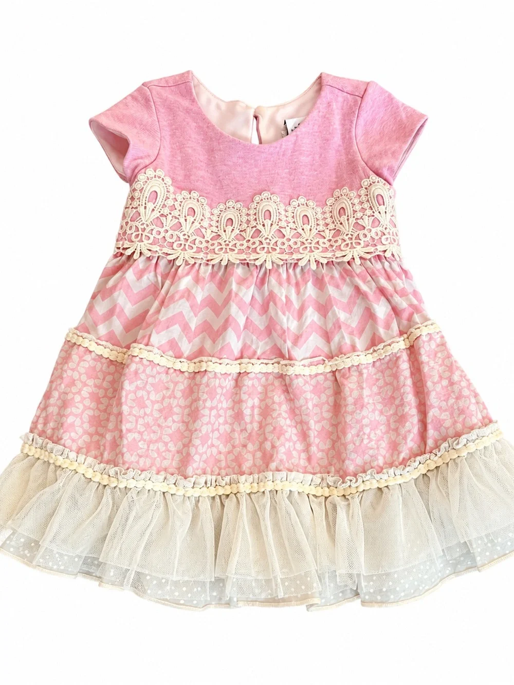 Girls Pink Lace-Trim Tiered Casual Dress